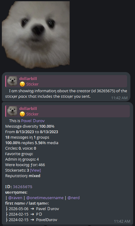 Telegram bot metadata screenshot tied to the Pyonya sticker
